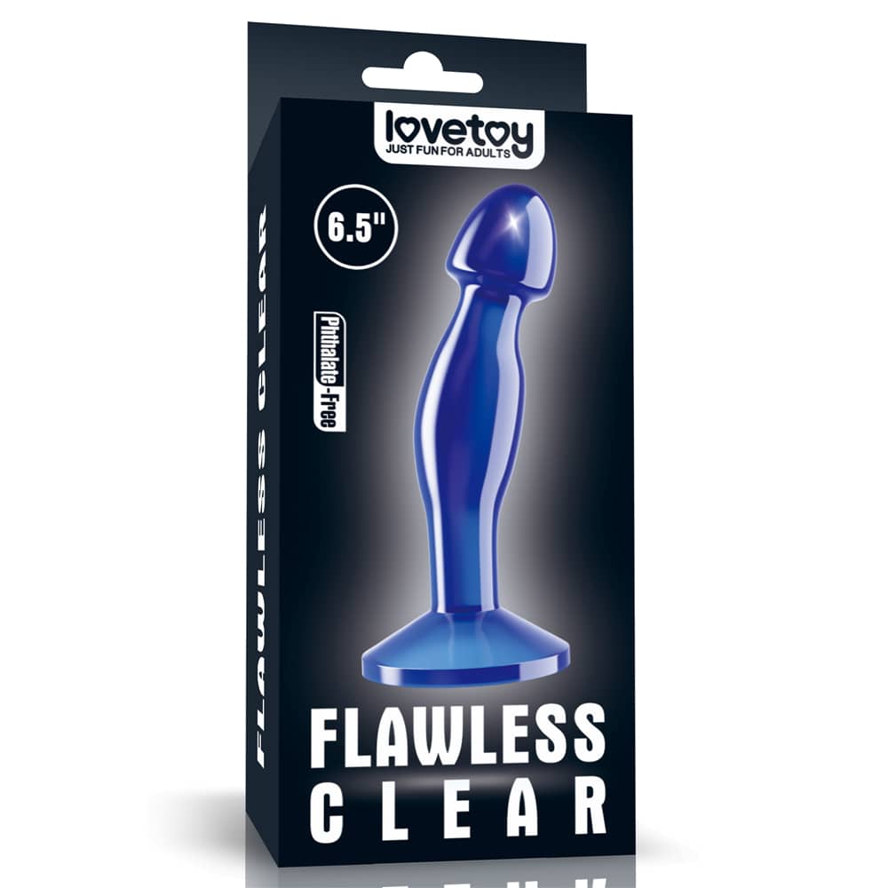 The packaging of the 6.5 inches blue flawless clear prostate plug anal toy 