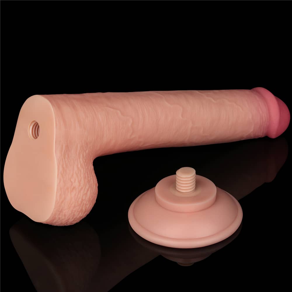 The 9 inches sliding skin dual layer flesh dong features a detachable powerful suction cup