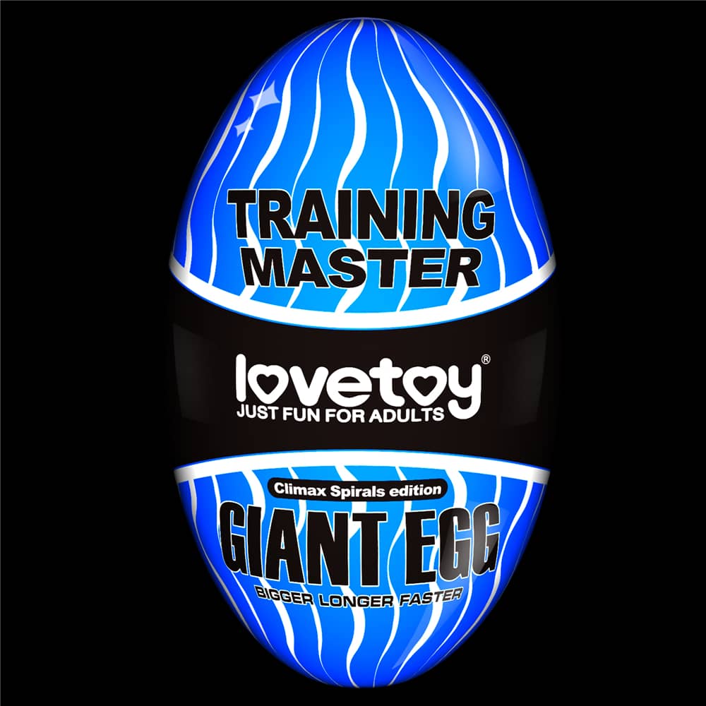The front of the packaging of the giant egg climax spirals masturbator