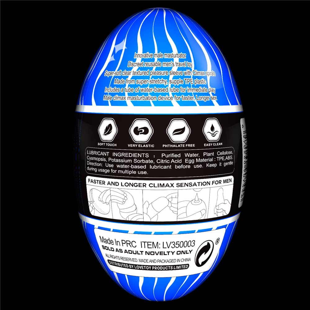 The back of the packaging of the giant egg climax spirals masturbator