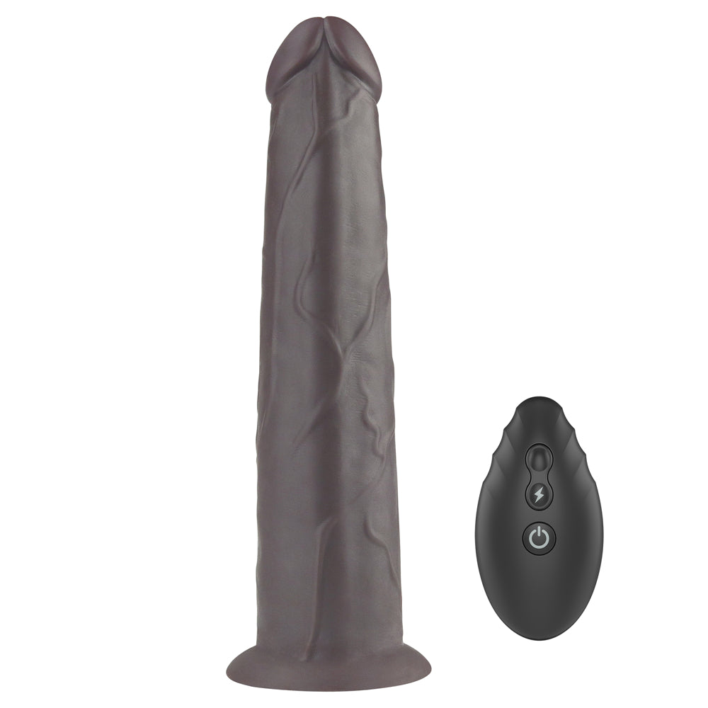 The 9 inches dual layered silicone rotator black stands upright