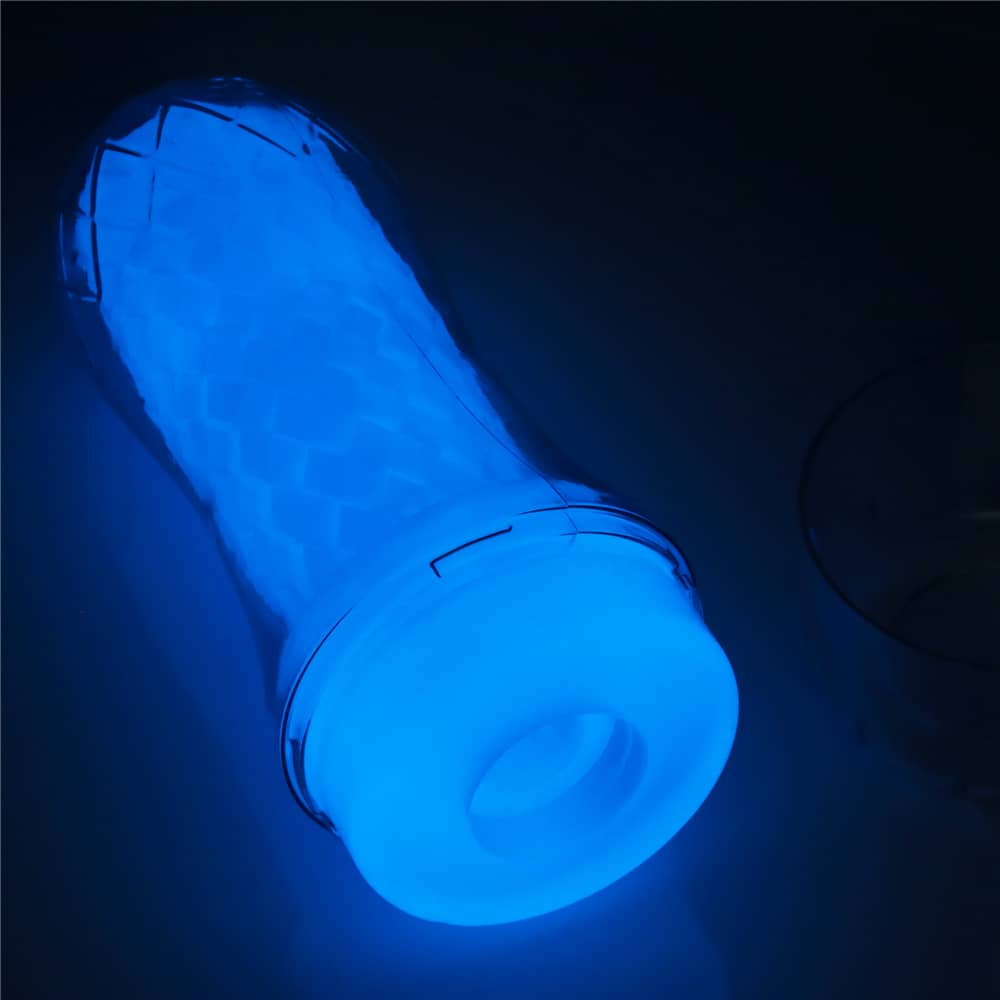 The lumino pocketed masturbator lays flat when emits blue fluorescence