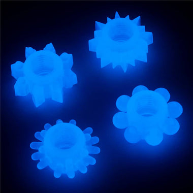 The lumino play stretchy penis ring 4 pcs emit blue fluorescence