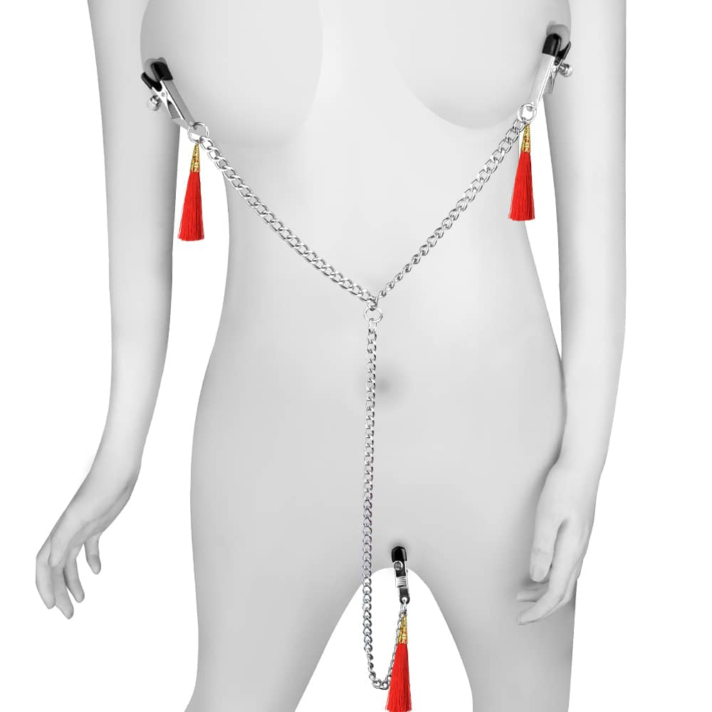 The nipple clit tassel clamp with chain feature 3 tassels and adjustable crocodile style clamps