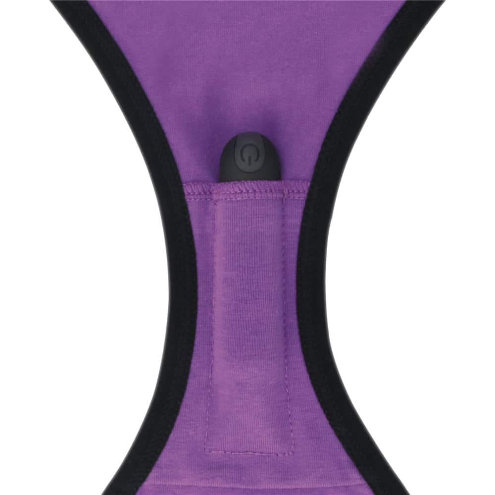 A hidden pocket in the crotch of the purple printed vibrating sexy panties that holds the included vibrator