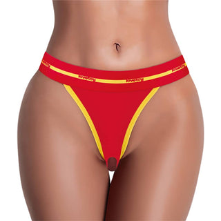 A woman wears the red printed vibrating sexy panties