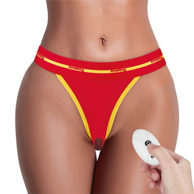 Press the remote control to turn on the red printed vibrating sexy panties