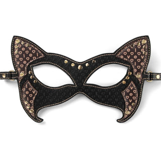 Antique bronze rivets encircle the rebellion reign cat mask