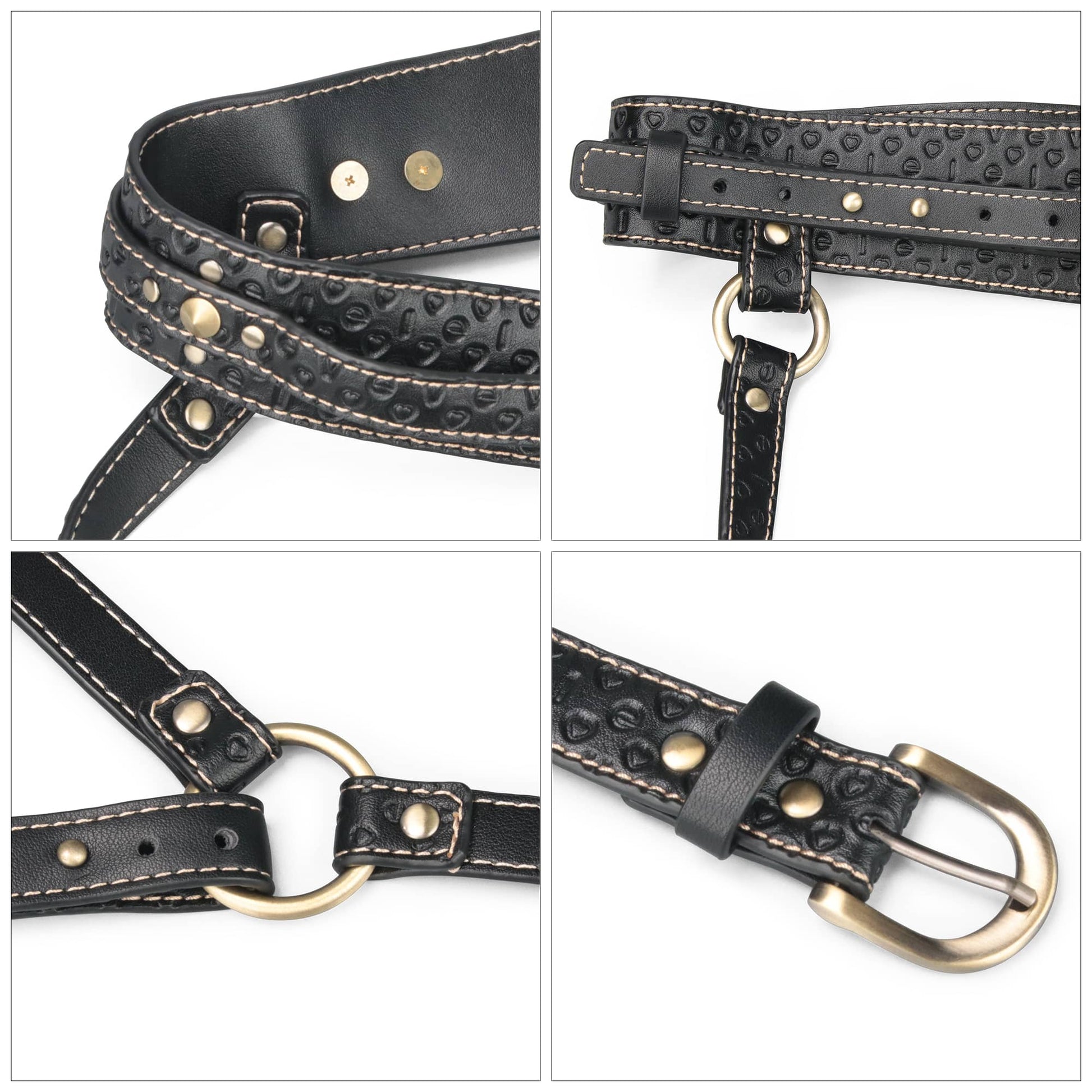 The rebellion reign full body harness is crafted from durable PU with punk-inspired antique-bronze rivets