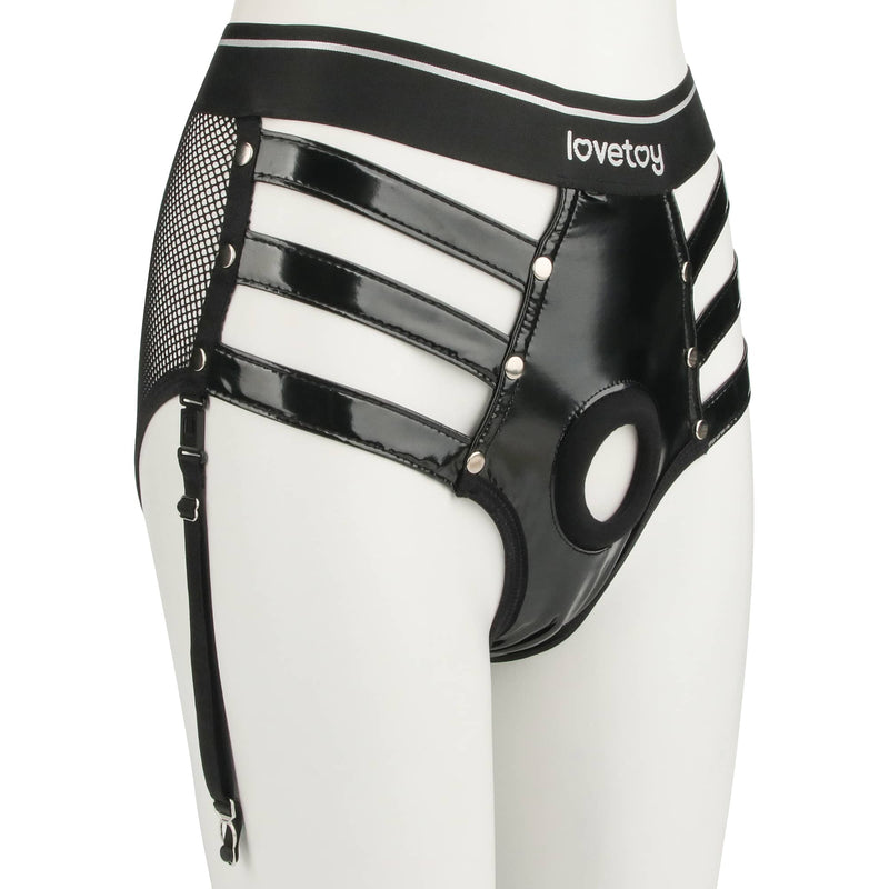 The matching panties with detachable garters of the rebellion reign iconic harness strap on set