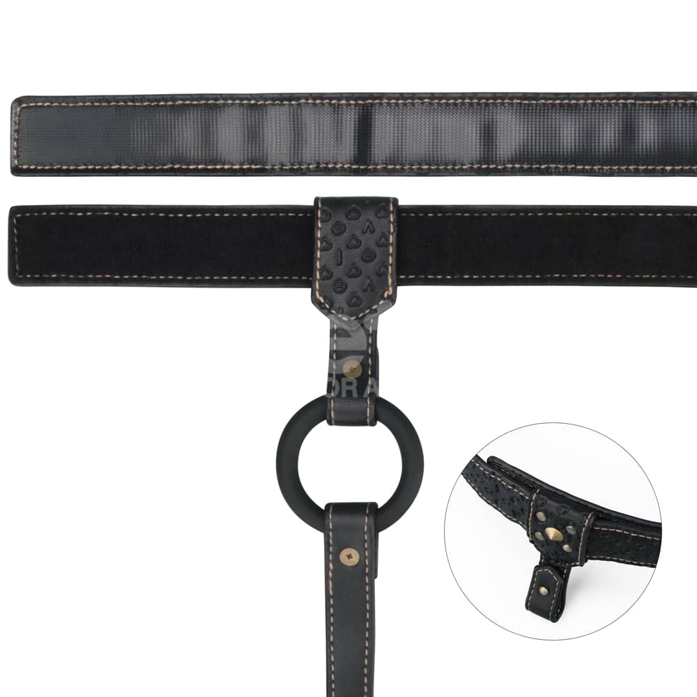 The adjustable Velcro waistband and buckle fastening base strap of the rebellion reign strap on harness