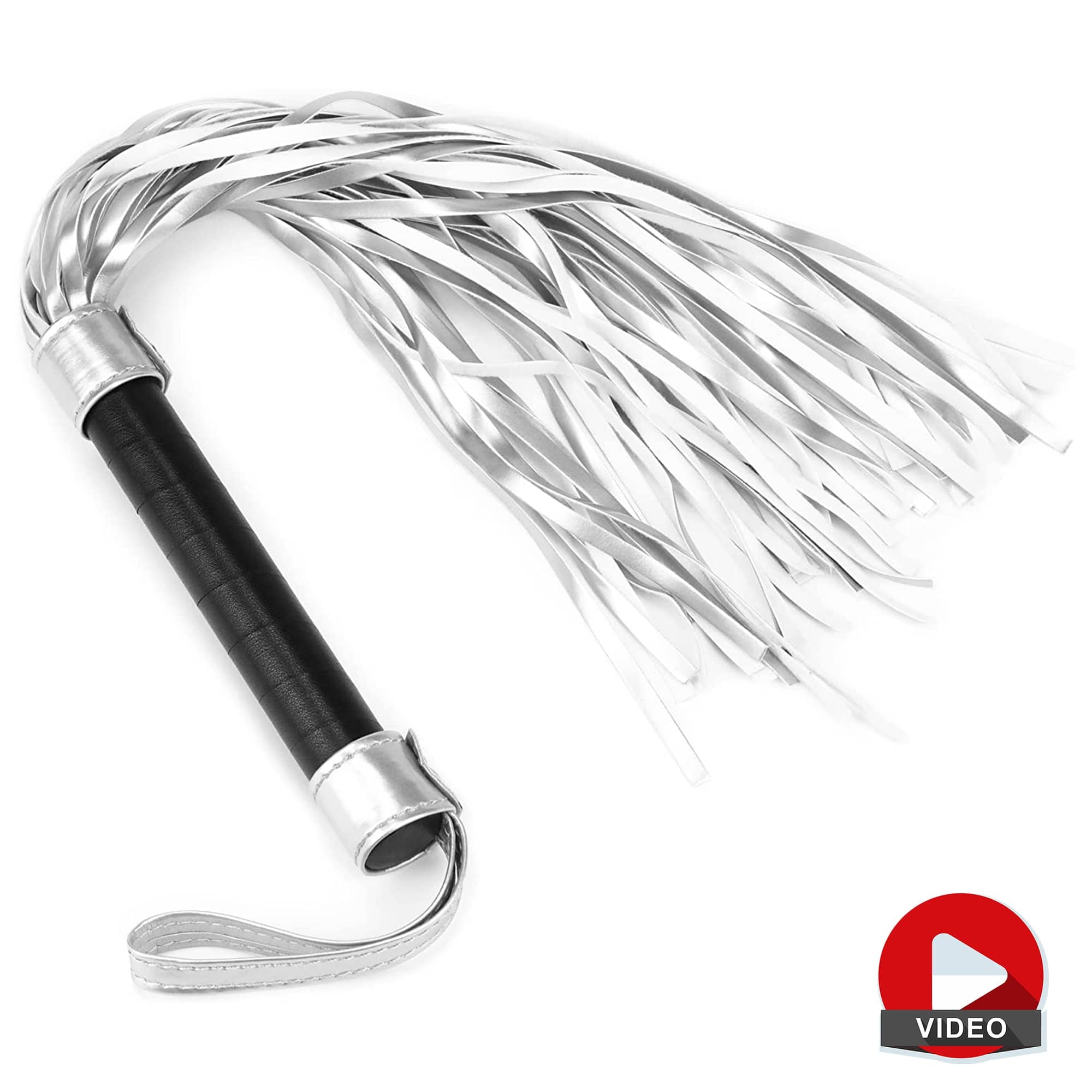 The bdsm sex whip flogger for kinky play lays flat with a video playback logo