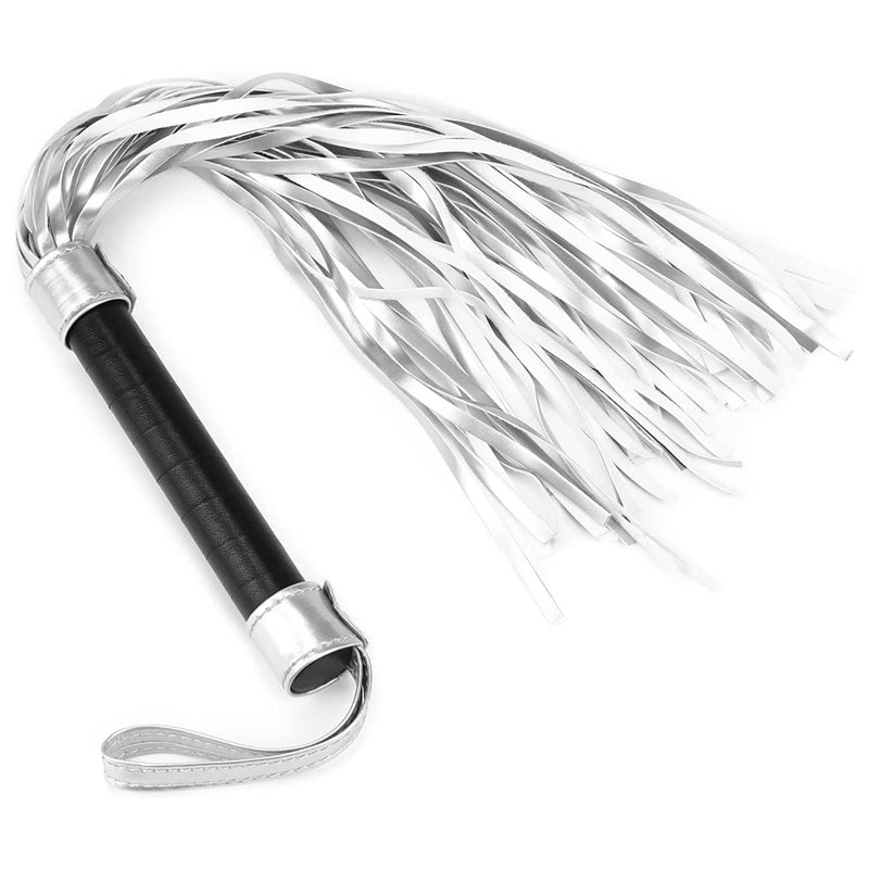 The bdsm sex whip flogger for kinky play lays flat with a video playback logo