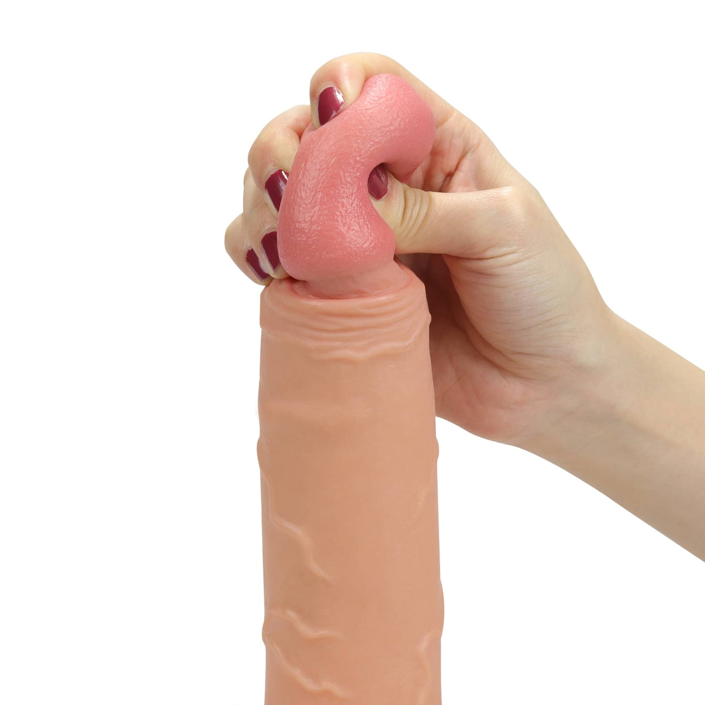 The bulging but soft head of the 8.5 inches silicone hollow strap on harness dildo