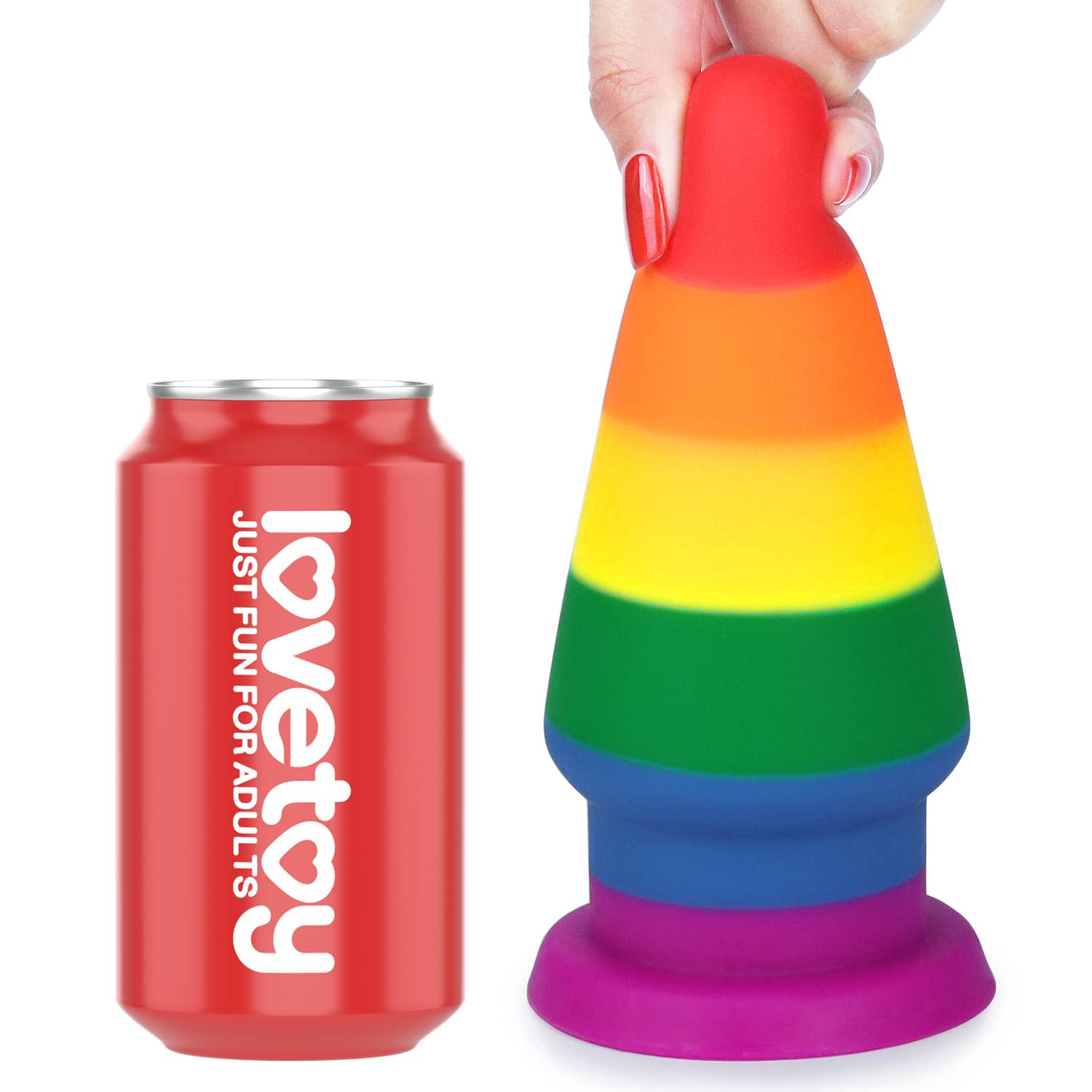 Comparison between the silicone rainbow butt plug anal toy and beverage cans