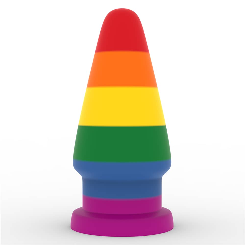 The silicone rainbow butt plug anal toy is upright