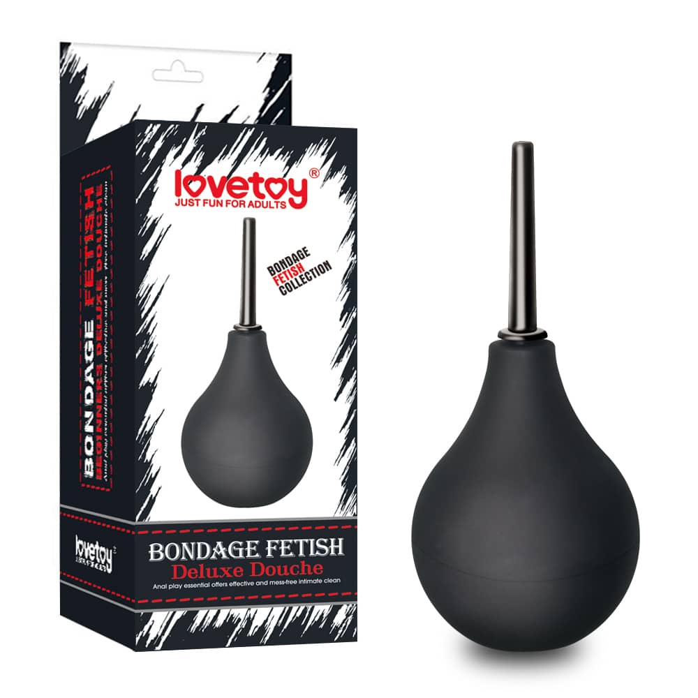 The packaging of the squeezable deluxe anal douche bulb