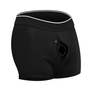 Front view of the strap on boxer with a video playback logo