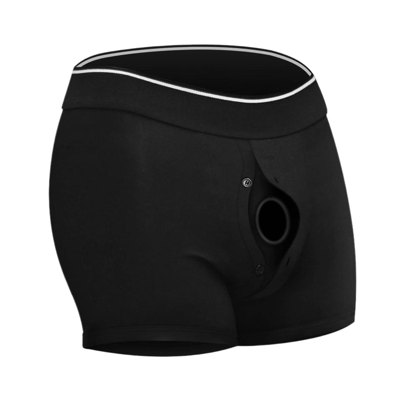 Front view of the strap on boxer with a video playback logo