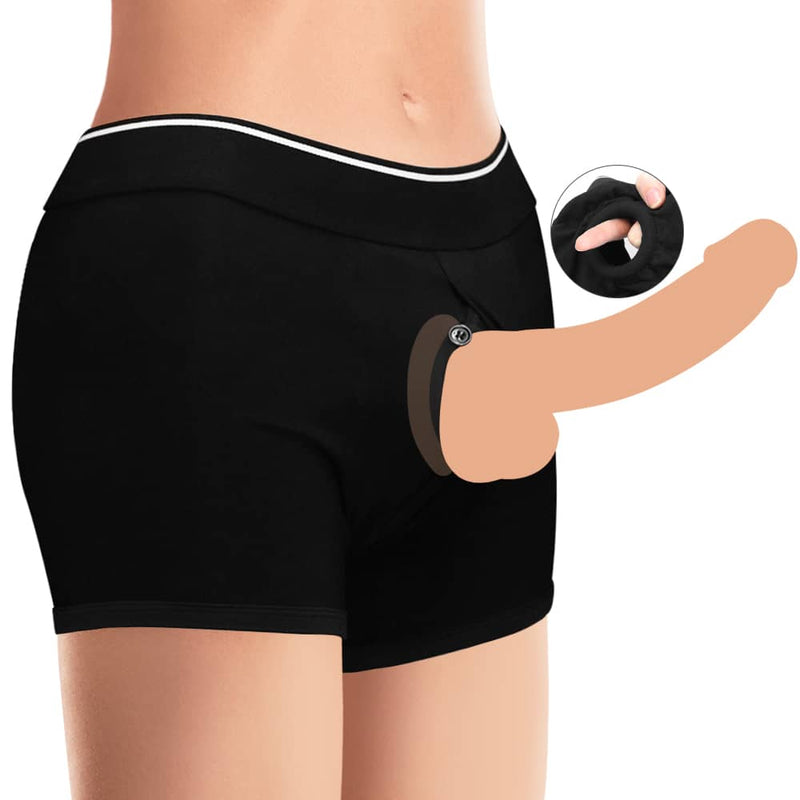 Put on the strap on boxer and show the O ring of the strap on boxer