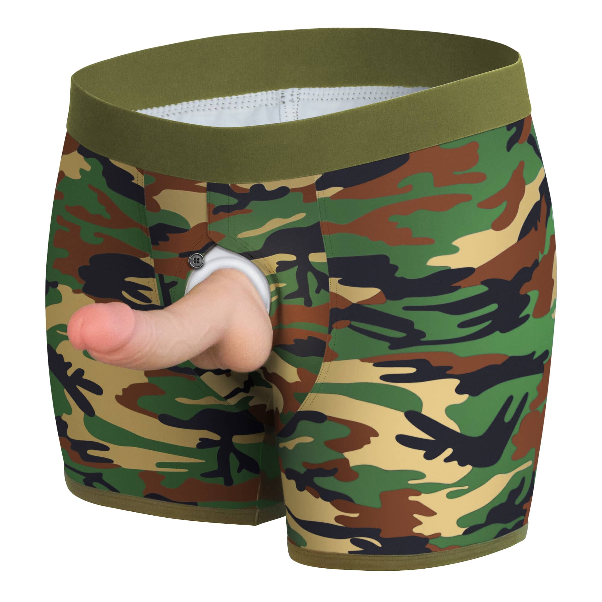 The camo strap on harness shorts with a dildo