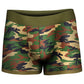 The front of the camo strap on harness shorts