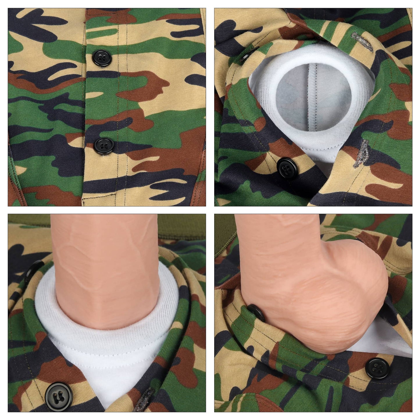 Put the dildo into the O ring of the camo strap on harness shorts