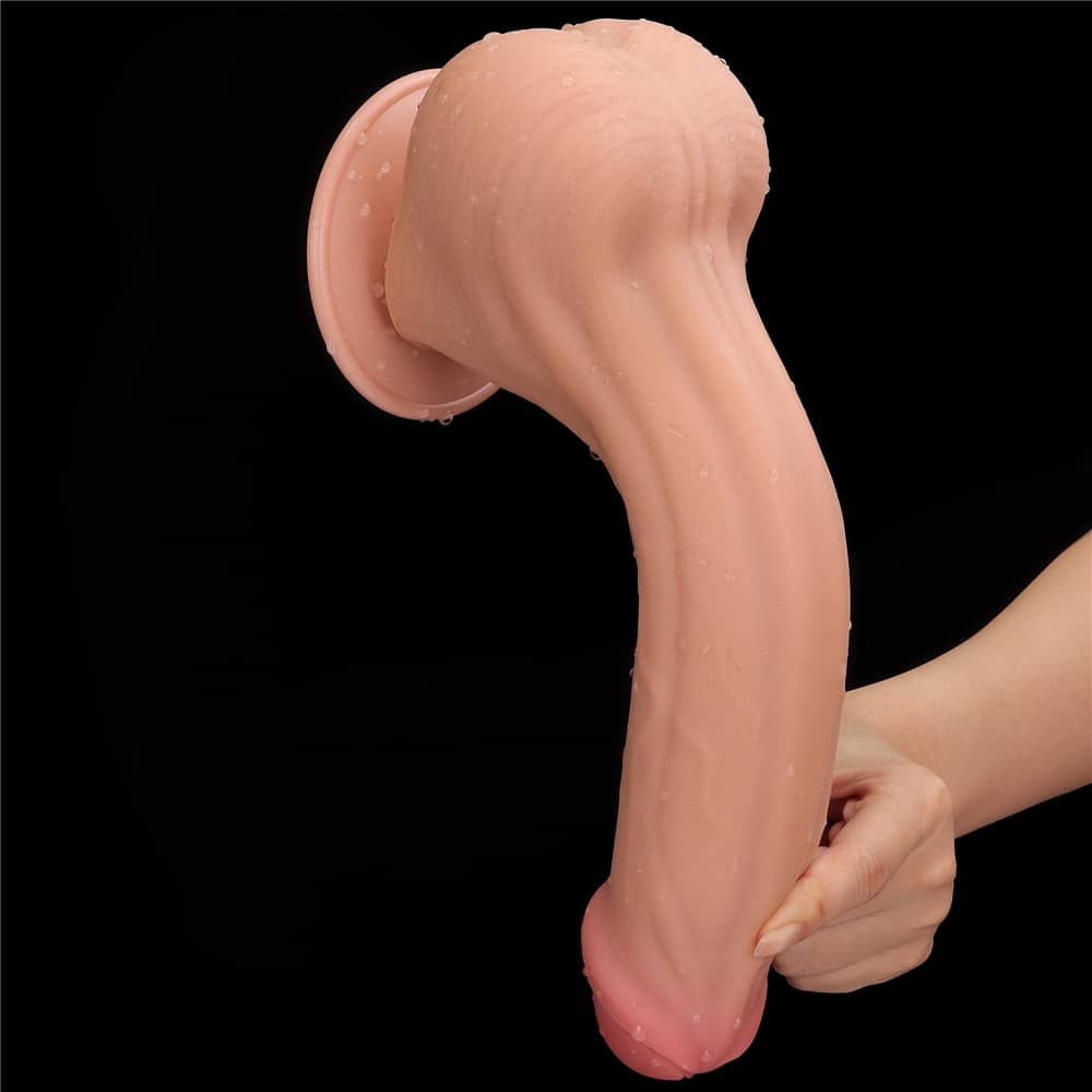 The 11.5 inches sliding skin dual layer dong bends softly downward