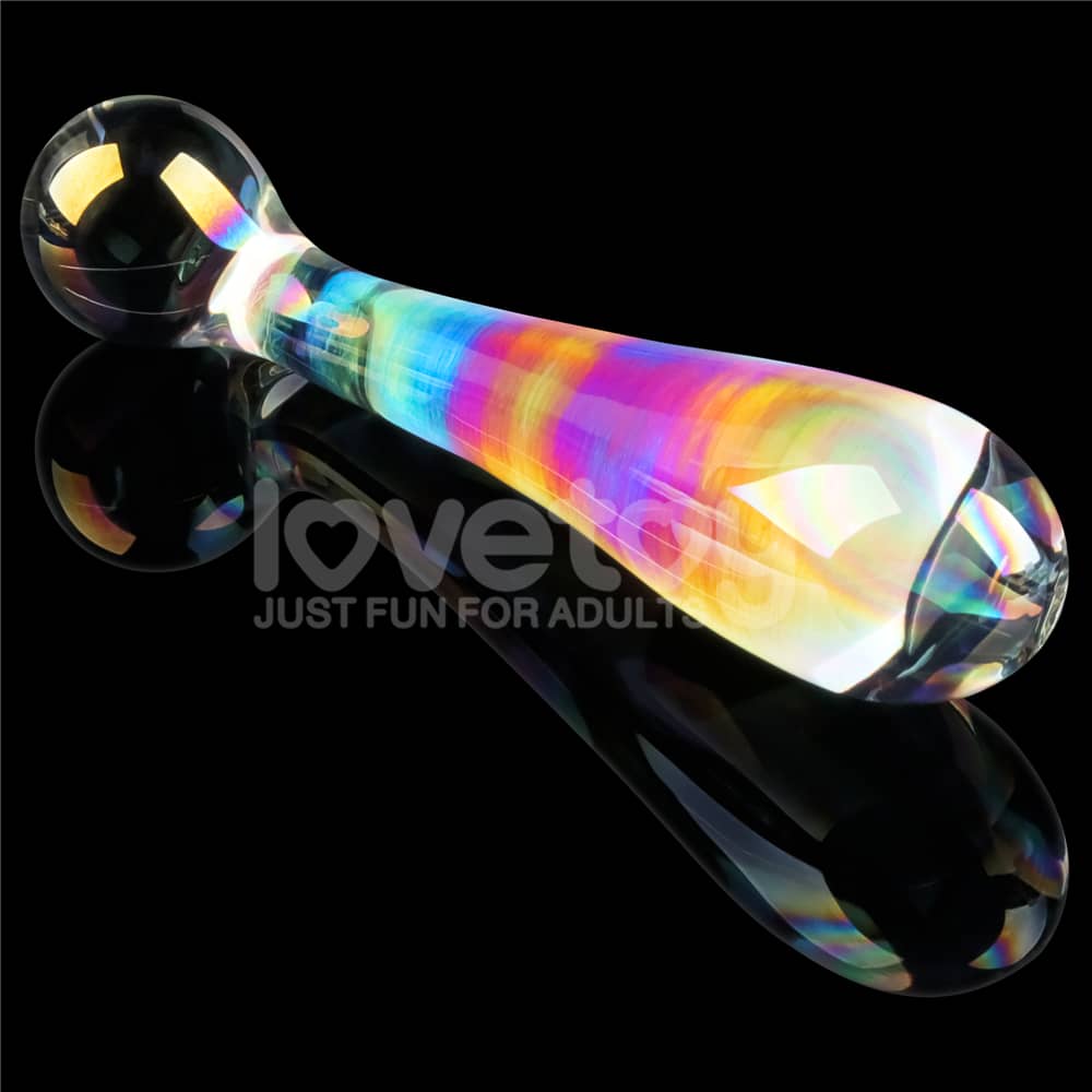 The twilight gleam alluring arc glass dildo features an array of prismatic hues