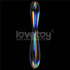 The twilight gleam glass double head dildo shows a vibrant rainbow surface
