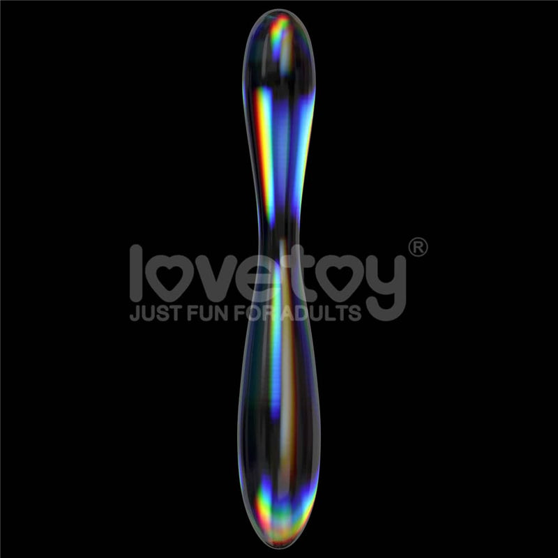 The twilight gleam glass double head dildo shows a vibrant rainbow surface