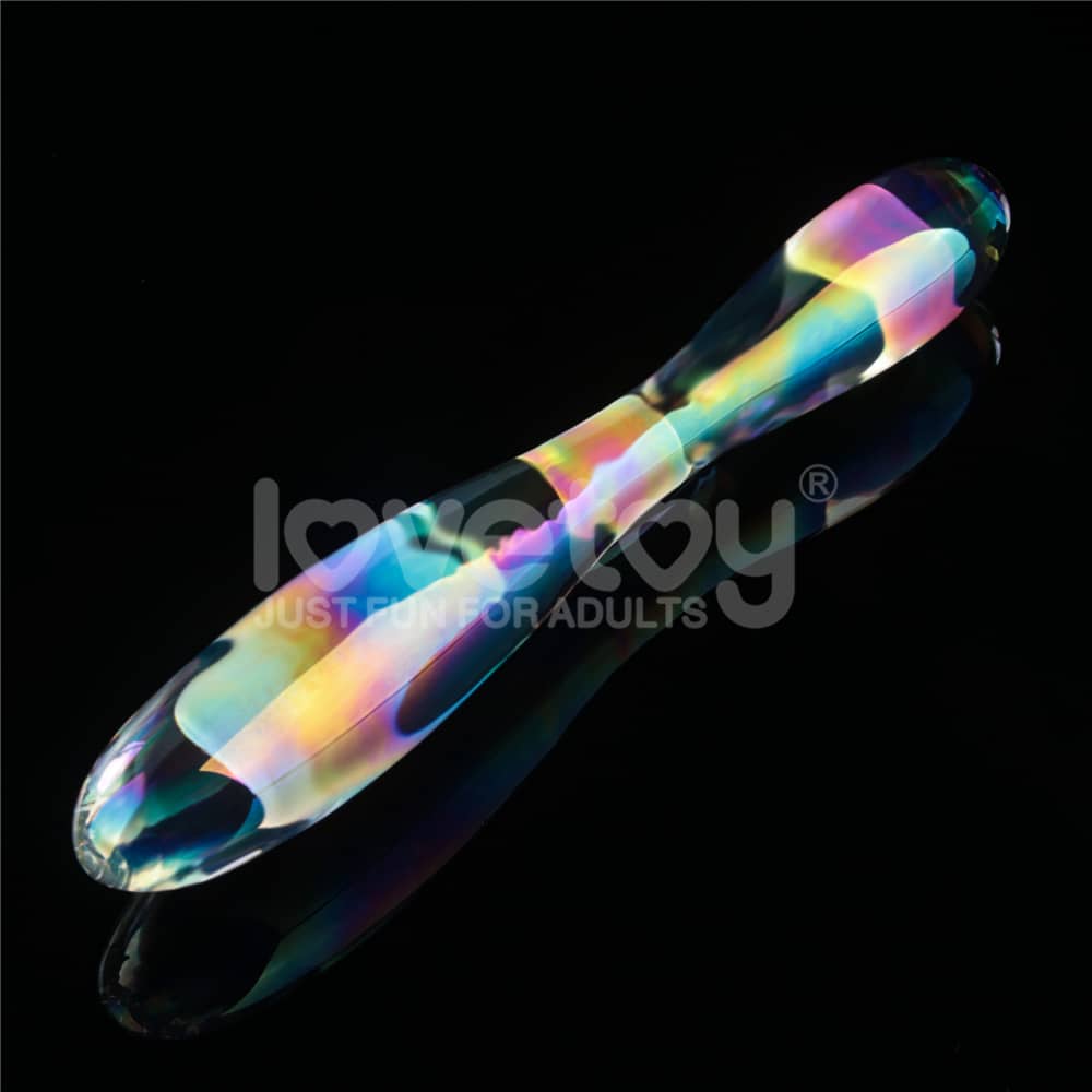 The asymmetrical design of two heads of the twilight gleam glass double head dildo 
