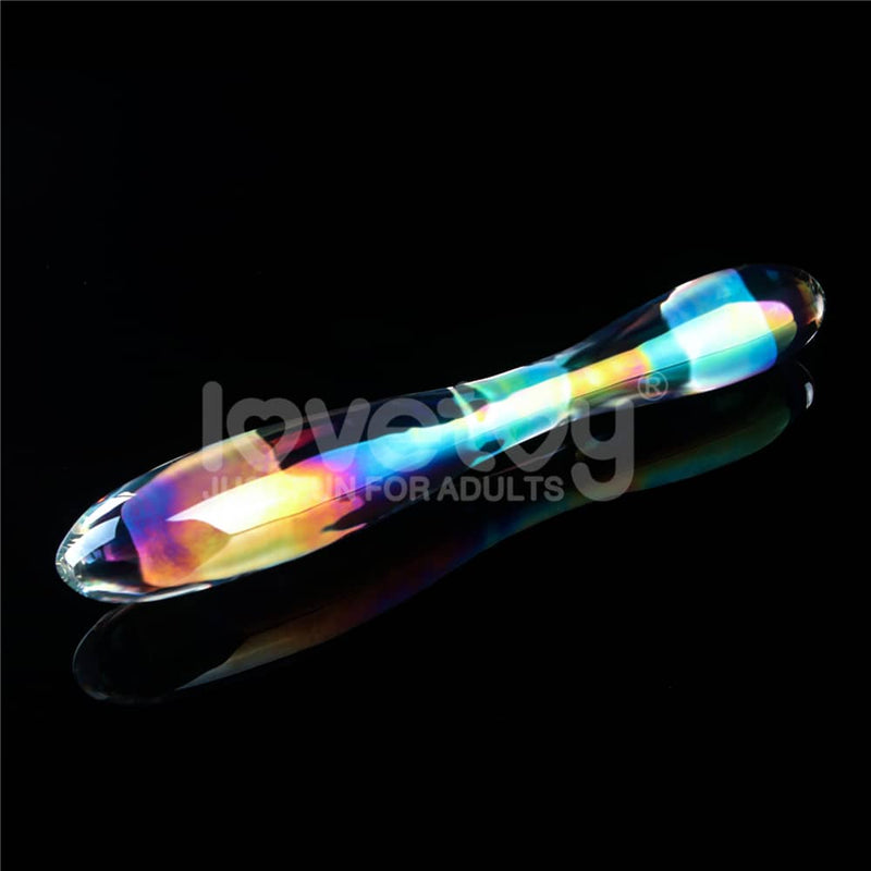The twilight gleam glass double head dildo lays flat