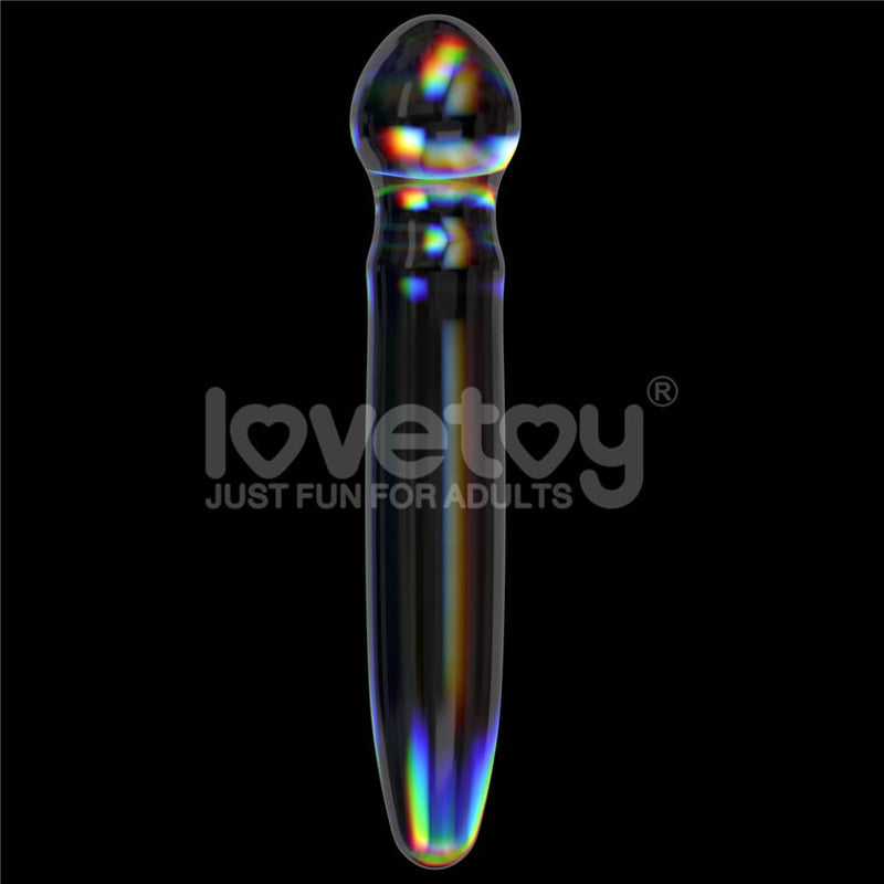 The twilight gleam prism glass dildo is upright