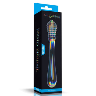 The packaging of the twilight gleam twin pleasures glass dildo