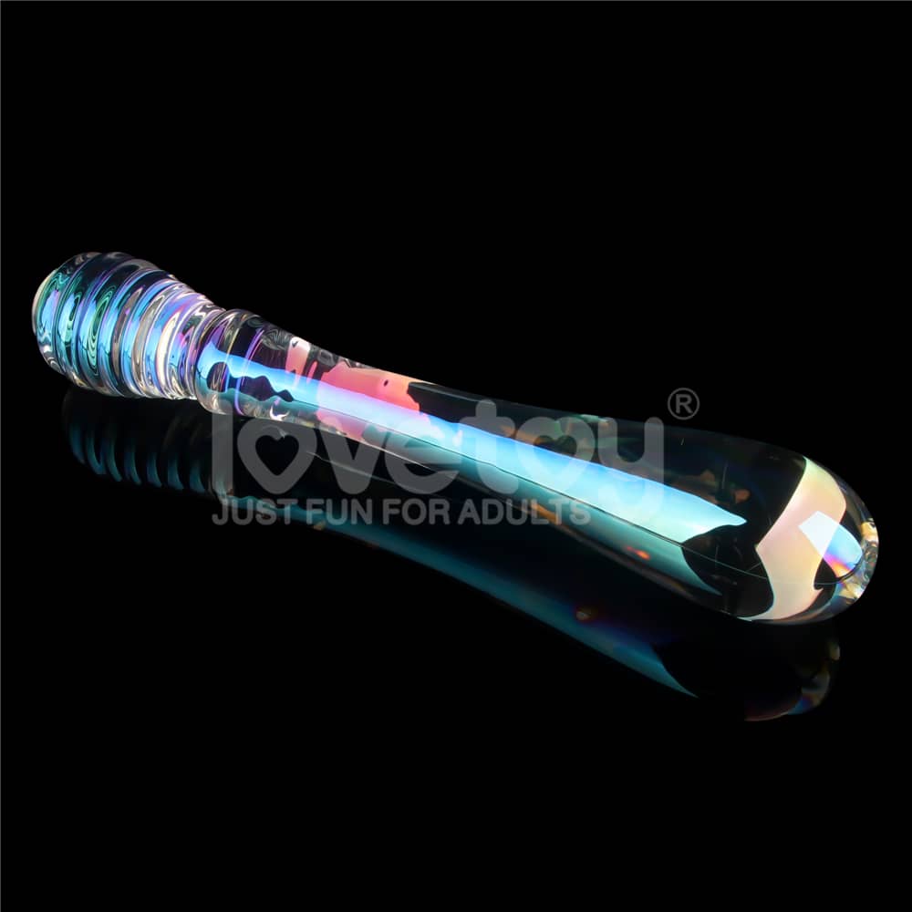 The twilight gleam twin pleasures glass dildo showcases a vibrant rainbow surface