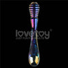 The twilight gleam twin pleasures glass dildo has two oval shaped heads and a slender midsection