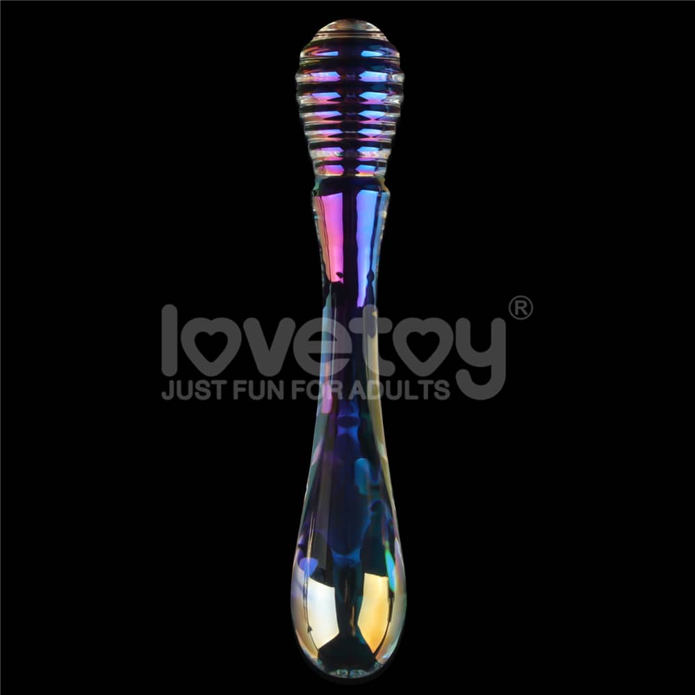 The twilight gleam twin pleasures glass dildo has two oval shaped heads and a slender midsection