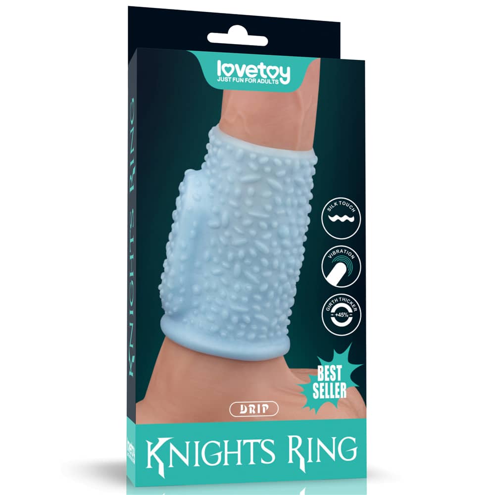 The packaging of the blue vibrating drip knights ring 
