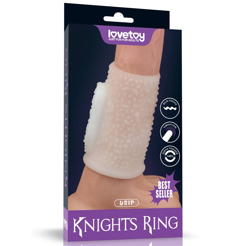 The packaging of the white vibrating drip knights ring  