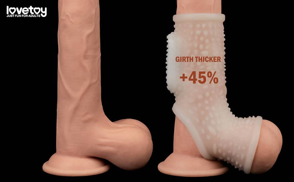 The vibrating drip cock sleeve with scrotum sleeve provides an additional 45 percent in girth
