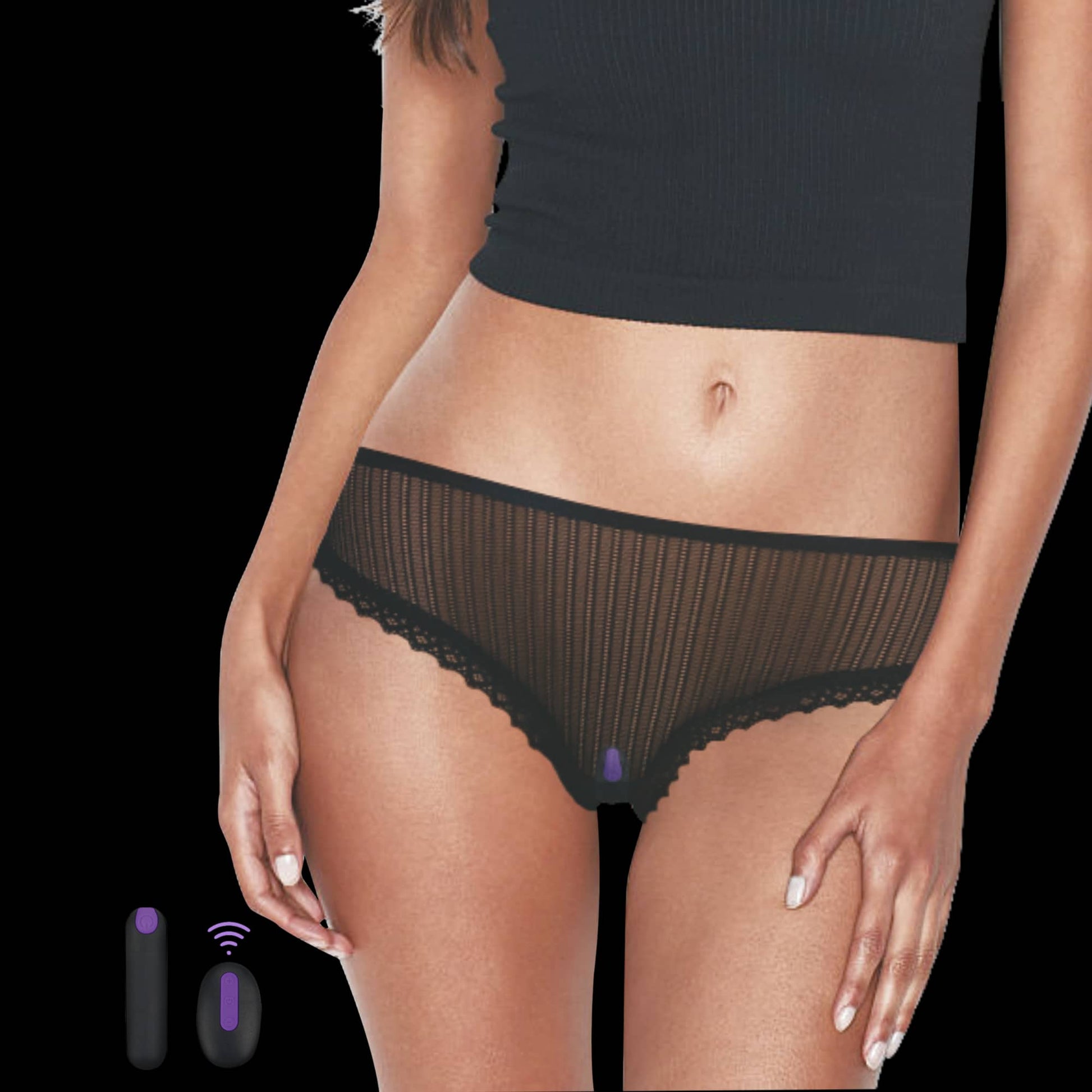 A woman wears the sexy lace vibrating panties with vibrator