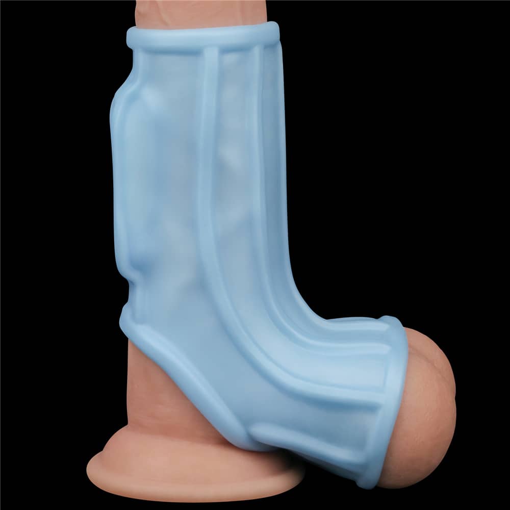 The vibrating ridge cock ring with scrotum sleeve cuddles the upright dildo