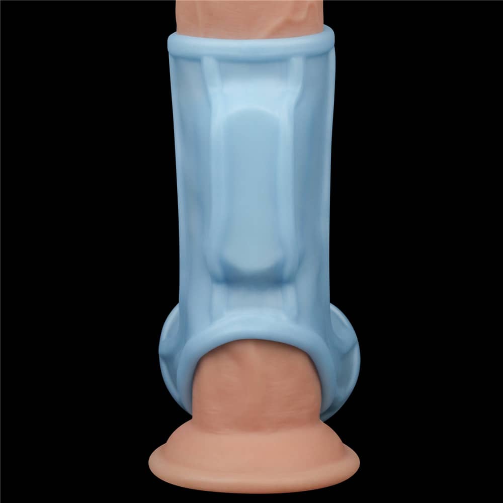 An inserted vibrator in this vibrating ridge cock ring with scrotum sleeve