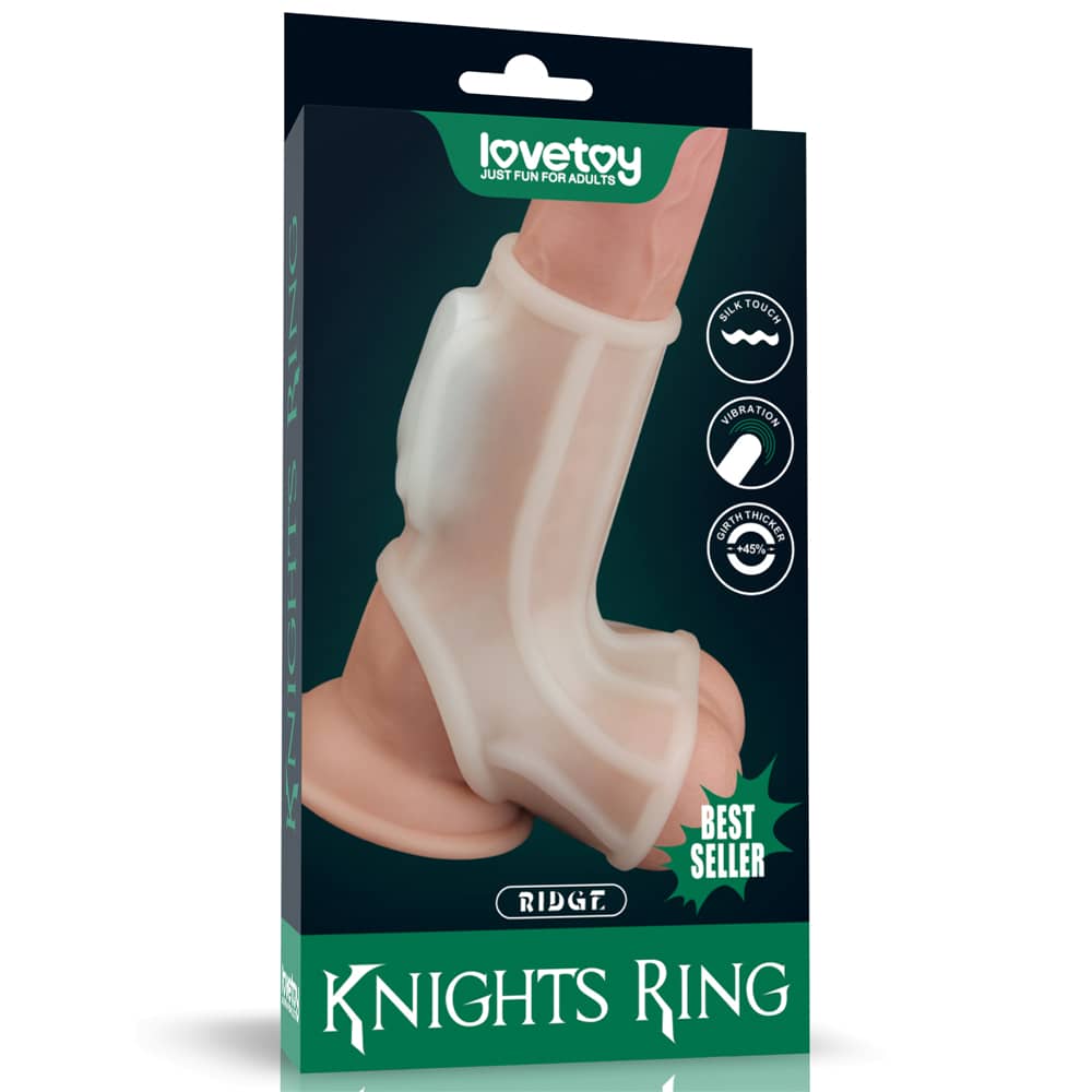 The packaging of the white vibrating ridge penis ring with scrotum sleeve  