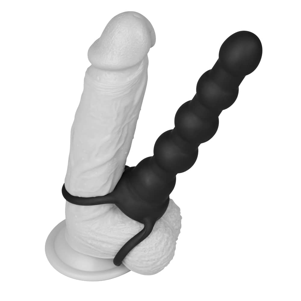The vibrating rock balled double prober anal beads worn on dildo