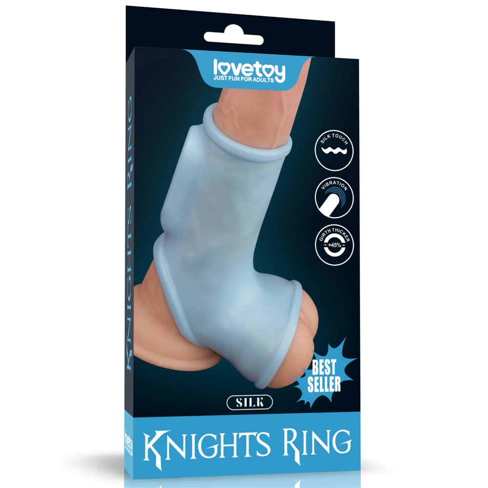 The packaging of the vibrating silk cock ring with scrotum sleeve