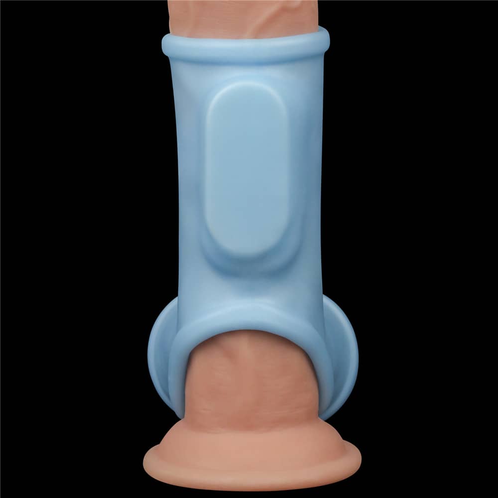 The vibrating silk cock ring with scrotum sleeve worn on a uprightdildo