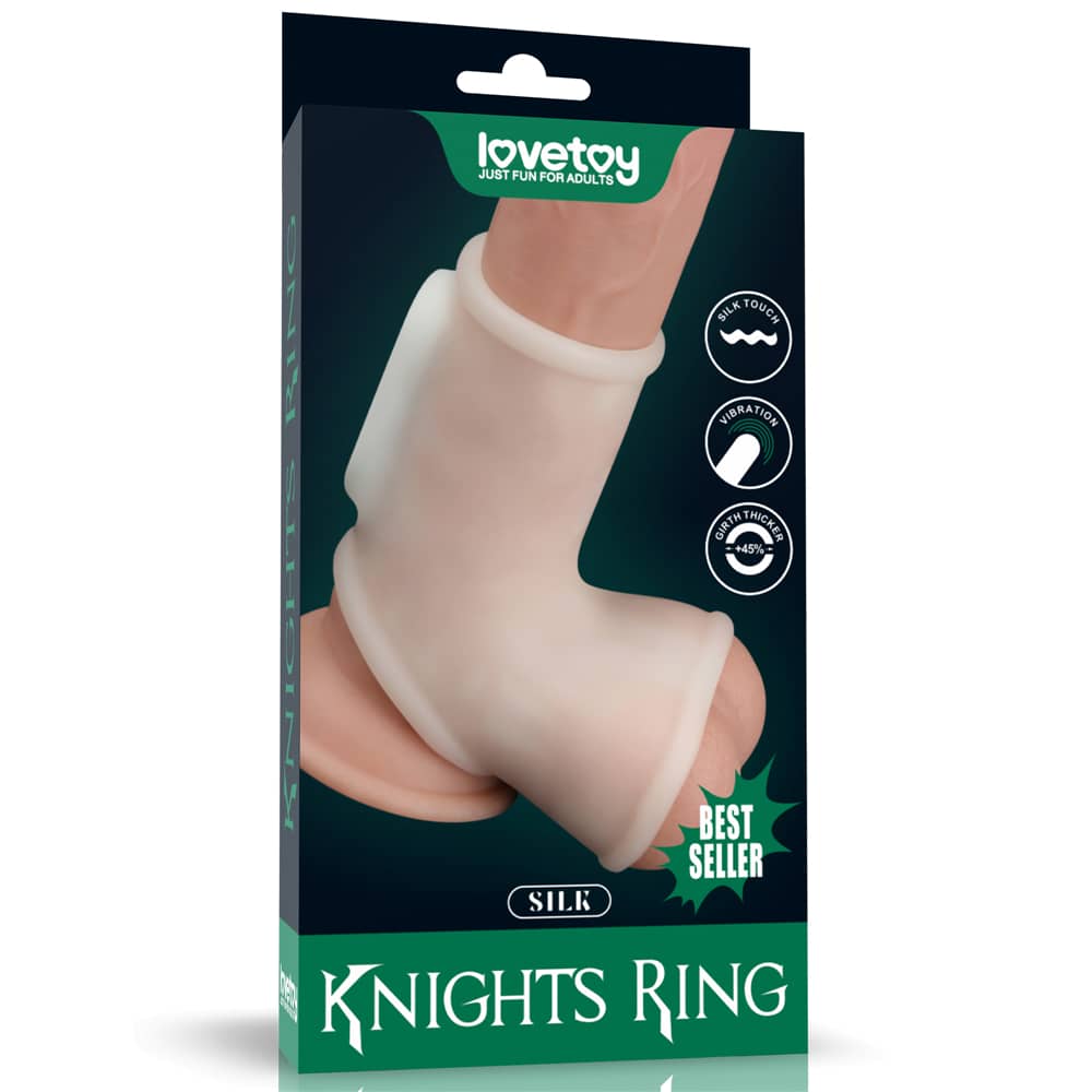 The packaging of the white  vibrating silk cock ring with scrotum sleeve 