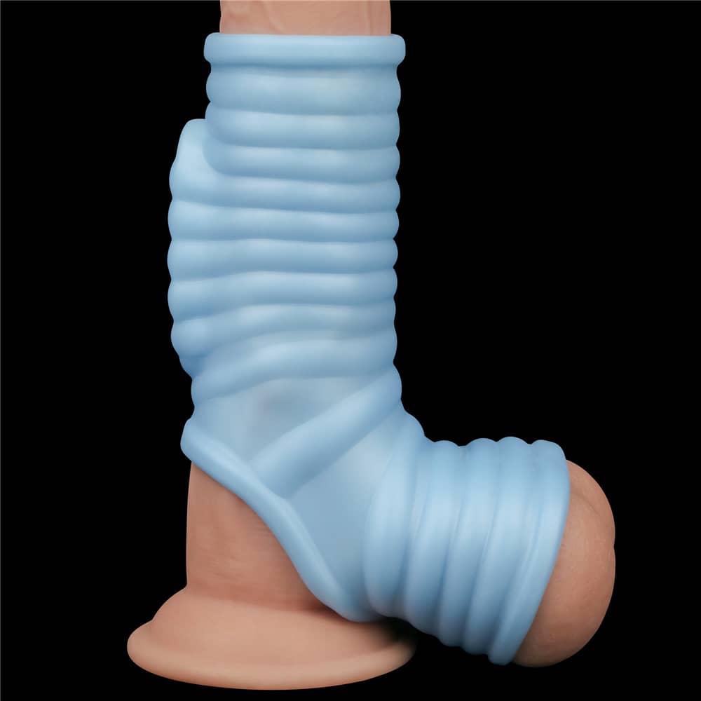 The right side of the The blue vibrating wave cock ring with scrotum sleeve   